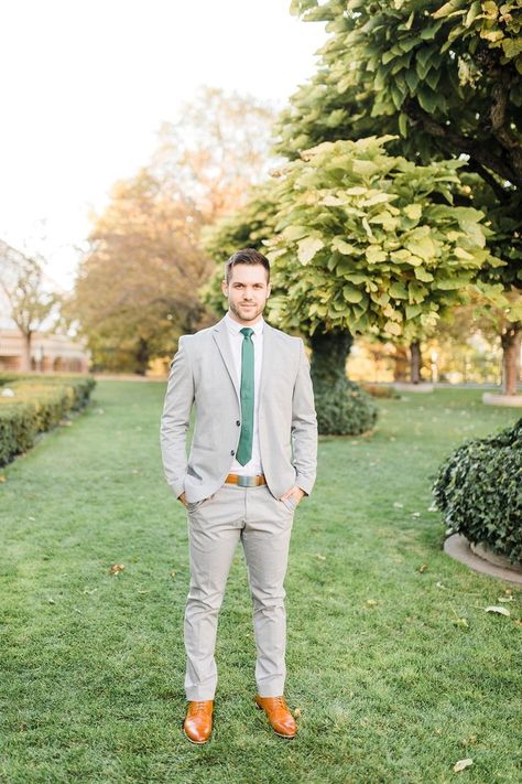 Suit With Emerald Green Tie, Emerald Green Tie, Boho Groom, Light Gray Suit, Groomsmen Style, Lds Temple Wedding, Grey Suit Wedding, White Tux, Lds Temples Wedding