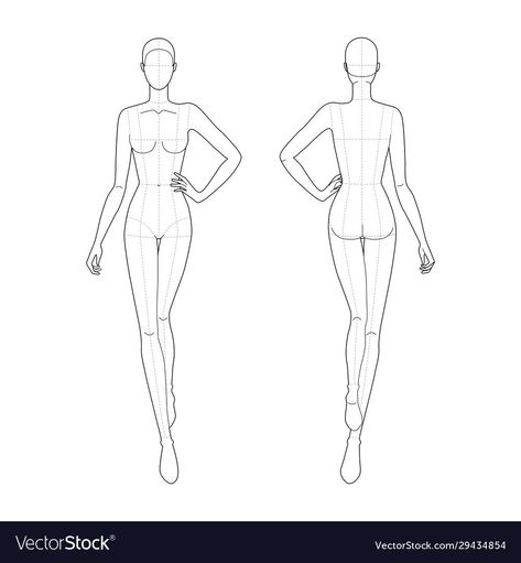 Fashion Illustration 10 Head, Back Figure Sketch, Back Croquis Fashion Sketches, Front And Back Fashion Template, Design Template Fashion, Croquie Illustration Front And Back, Body Drawing Back View, Fashion Template Front And Back, Croquis Fashion Illustration Poses Front And Back