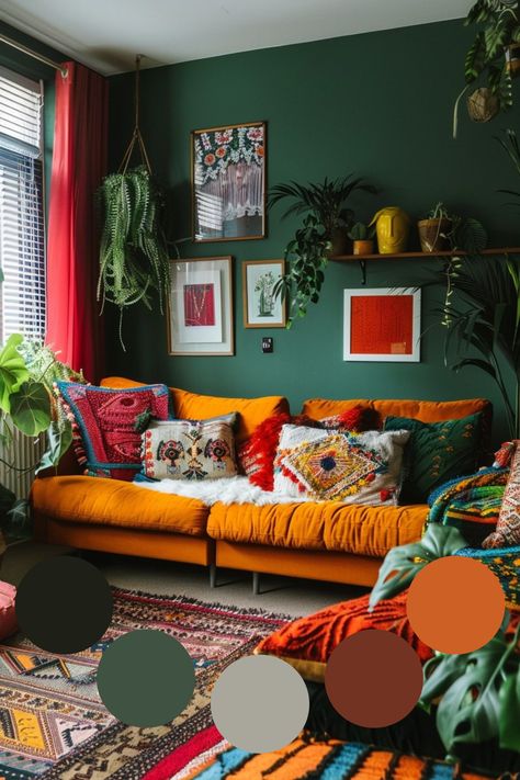 Create a stunning boho living room with bold green walls and an eye-catching orange sofa. This dynamic color combination brings warmth and energy to your space while maintaining a cozy, eclectic vibe. Add earthy accents, layered rugs, and natural textures to complete the look. Perfect for those who love vibrant colors and bohemian charm! Living Room With Green Walls, Room With Green Walls, Cozy Eclectic, Orange Sofa, Layered Rugs, Green Walls, Boho Living, Boho Living Room, Green Wall