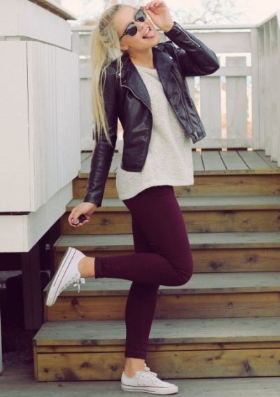 Fall Outfit Ideas-20 Best Fall Clothing Fashion Tips Outfit Converse, Outfits With Converse, Legging Outfits, Black Leather Jacket, Looks Style, Fall Winter Outfits, Street Styles, Outfits Casuales, Outfits With Leggings