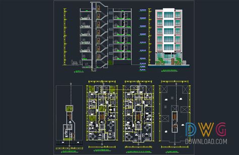 Apartment 6 Floor Architecture Project. And about apartment detail dwg, apartment cad projects, building dwg, architectural detail dwg. Modern Apartment Design Architecture, Apartment Building Floor Plans, Floor Architecture, Commercial Building Plans, Condo Floor Plans, Ceilings Design, 3 Storey House Design, Studio Floor Plans, Circle House