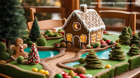 Gingerbread House Construction & Decorating Ideas – Celebrating Christmas Gingerbread House Landscape Ideas, Gingerbread House Trees, Gingerbread Landscape, Handwritten Christmas, Gingerbread House Patterns, Gingerbread House Recipe, Gingerbread Dough, Make A Gingerbread House, Gingerbread House Decorations