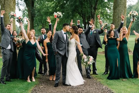 Emerald Green And Dark Grey Wedding, Emerald Green Wedding Family Photos, Dark Green Bridesmaid And Groomsmen, Forest Green Wedding Party Attire, Evergreen Bridesmaid Dresses With Groomsmen, Evergreen Bridal Party, Forest Green Bridal Party Attire, Hunter Green Wedding Bridal Party, Dark Gray And Green Wedding