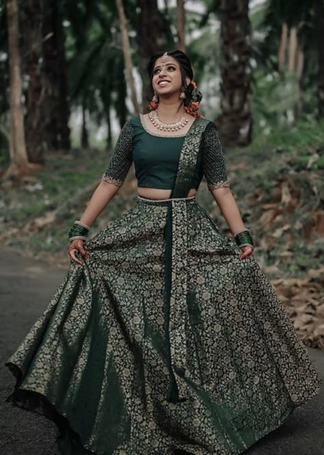 Pattupavada Blouse Designs, Traditional Skirt And Top, Traditional Lehenga Designs, Indian Fancy Dress, Green Blouse Designs, Onam Outfits, Long Skirt And Top, Lehenga Saree Design, Simple Lehenga