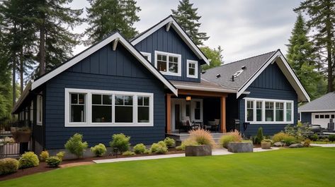 Steel Blue House Exterior, Dark Blue House With Metal Roof, Navy Blue Houses Exterior, Navy Blue Board And Batten Exterior, Dark Blue House Exterior White Trim, Blue House Ideas, Midnight Blue Siding House, Trending Siding Colors, Navy Home Exterior