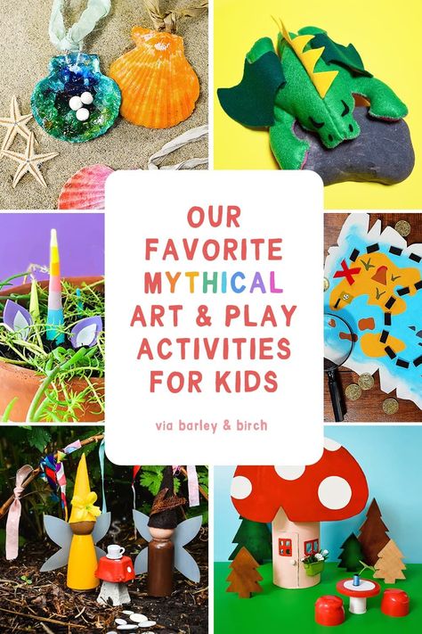 A collection of our favorite kids fantasy play activities, crafts, and art projects. From fairies, unicorns, mermaids, and gnomes to mythical places and legendary play accessories. | via barley & birch Fantasy Crafts For Toddlers, Fantasy Arts And Crafts, Fantasy Art Projects, Magic Crafts For Kids Art Projects, Fantasy Preschool Activities, Mythical Creatures Preschool Activities, Mythical Creature Crafts, Fairy Tale Art Projects, Mythical Creatures Crafts For Kids