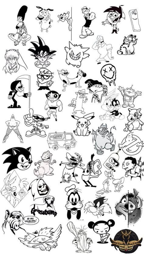 cartoon network tattos Yo Gabba Gabba Tattoo, Cartoon Network Tattoo Sleeve, Svg Cartoon Characters, Tattoo Cartoon Ideas, 90 Cartoon Tattoos, 90s Anime Tattoo, Simple Cartoon Tattoos, 90s Cartoon Characters Tattoo, Looney Toons Tattoo