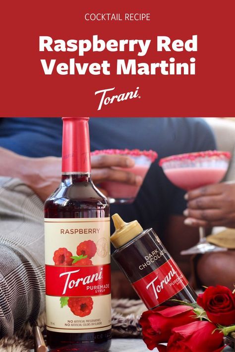 This Red Velvet Martini Recipe is A rich, decadent cocktail made with Torani Puremade Raspberry Syrup. It’s a strong, sweet drink that’s low on ingredients but big on flavor. And the rim, lined with Torani Puremade Dark Chocolate Sauce and sprinkles, is as delicious as it is pretty. Create your easy at home martini here! Vday Drinks Cocktail Recipes, Valentine Day Cocktails Drink Recipes, Chocolate Raspberry Martini, Raspberry Liquor Recipe Cocktails, Raspberry Simple Syrup Cocktails, Red Martini, White Chocolate Liqueur, Chocolate Liqueur, Raspberry Syrup