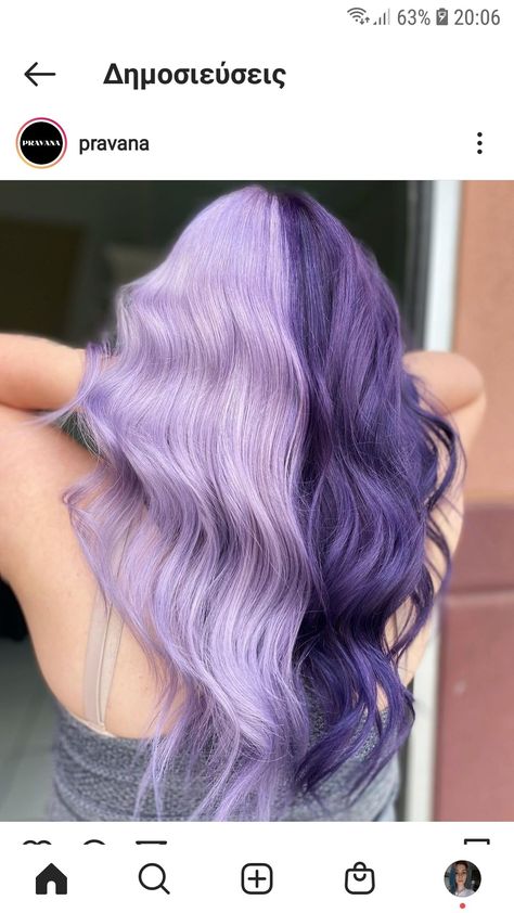 Half Red Half Purple Hair Split, Purple Half And Half Hair, Silver And Lavender Hair, Half And Half Hair Color Purple, Lavender Money Piece Hair, Short Lavender Hair, Lavender Hair Color Ideas, 70's Hair, Pastel Purple Hair