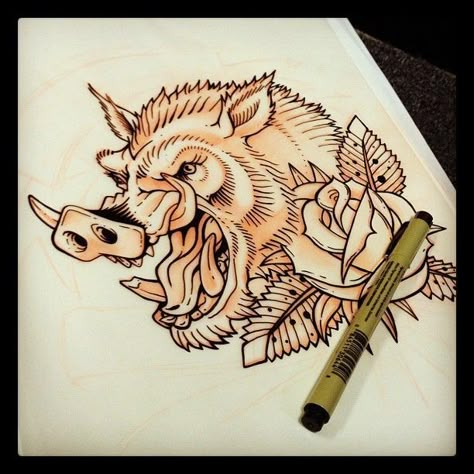 Boar Tattoo Design, Wild Boar Tattoo, Boar Tattoo, Old School Rose, Pig Tattoo, Hunting Tattoos, Traditional Tattoo Old School, Ancient Tattoo, Horror Tattoo