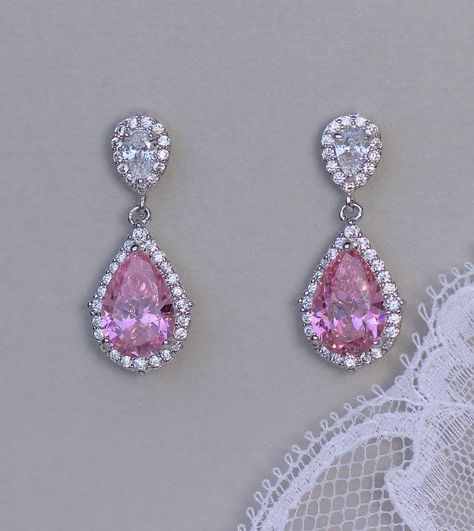 "Layla rose pink crystal earrings have the most beautiful sparkle due to the halo of tiny crystals surrounding both the earpost and the teardrop. We have used a clear crystal earpost which is also available as a clip on, to create a versatile and very pretty earring. Measurement: L-1\" (2.5cm) Set in non tarnish rhodium and are nickel, lead and cadmium free. 💙Clip on versions are available for this item. 💞 All our jewelry is presented in velvet pouches and high quality elegant, padded boxes re Pink Bridesmaids, Pink Crystal Earrings, Bridesmaids Earrings, Pearl Bridal Jewelry, Pearl Jewelry Wedding, Bridal Earrings Pearl, Pink Bridal, Bridesmaid Accessories, Pink Jewelry