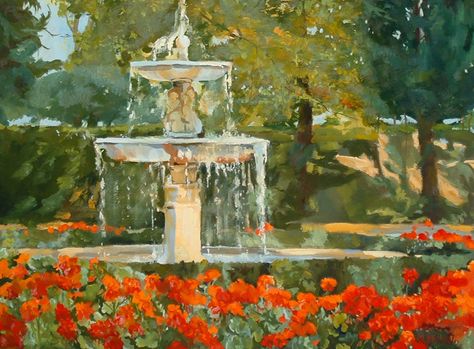 Water Fountain Painting, Watercolor Fountain, Fountain Watercolor, Fountain Painting, Spain Painting, Spain Landscape, California Painting, Garden Backdrop, Candle Bouquet