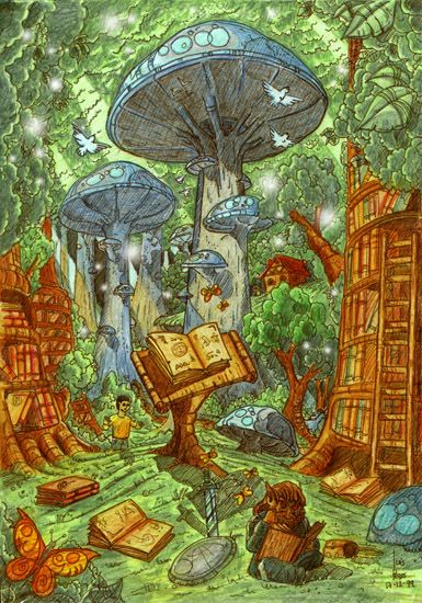 Mushroom Library, Lost Library, Imaginary Landscapes, Library Themes, Forest Drawing, December 4th, Illustration Work, Forest Illustration, Freelance Work