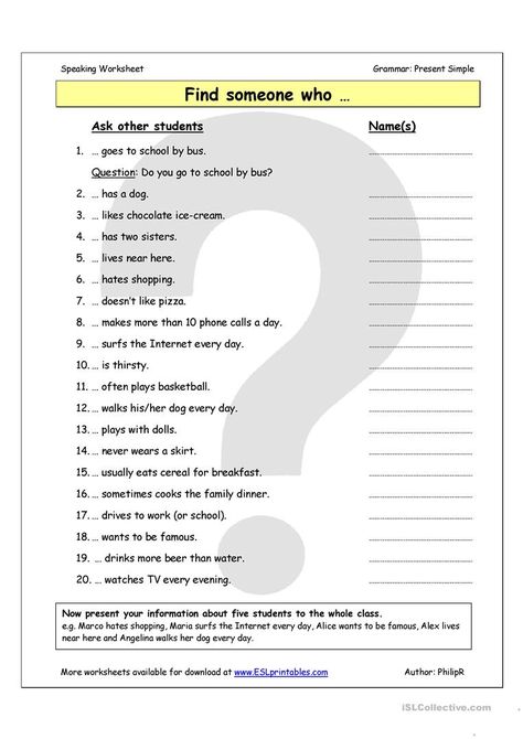 Find Someone Who - Present Simple Questions (1) - English ESL Worksheets Esl Materials, Ela Games, Esl Learning, All Tenses, Education Games, Past Simple, English Teaching Materials, Simple Questions, Social Studies Worksheets