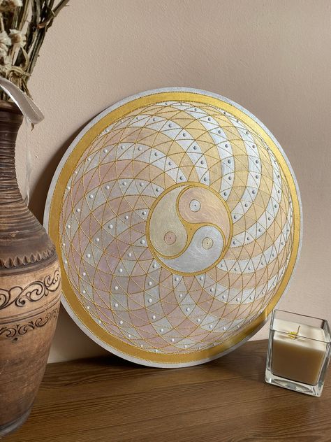 Sacred geometry mandala with gold Torus, Trinity round dot art acrylic painting, Original canvas wall hanging, Boho style wall art painting Sacred Geometry Art Mandalas, Hamsa Hand Art, Geometry Mandala, Sacred Geometry Mandala, Mandala Art Therapy, Zen Design, Sacred Geometry Art, Geometric Design Art, Wall Hanging Boho