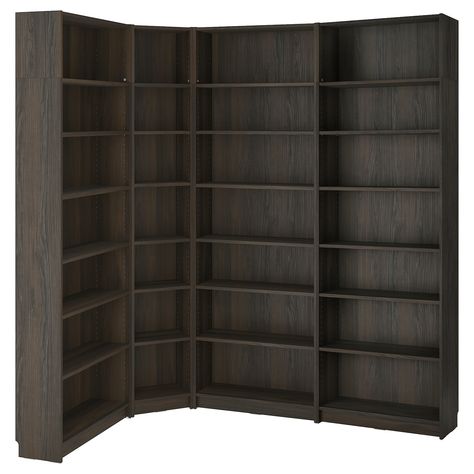 BILLY bookcase corner comb with ext units, dark brown oak effect, 84 5/8/53 1/8x11x93 1/4 ". Main parts/ Side panel: Particleboard. Dark Oak Bookshelf, Home Library Bookcases, Corner Billy Bookcase, Library And Office Room, Dark Built In Bookshelves, Living Room Library Wall, Corner Bookshelf Ikea, Corner Book Shelves, Built In Library Wall