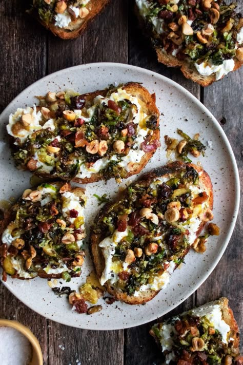 Appetizer Toasts, Toast With Burrata, The Original Dish, Ricotta Toast, Burrata Cheese, Brussels Sprout, How To Roast Hazelnuts, Perfect Appetizers, Toast Recipes