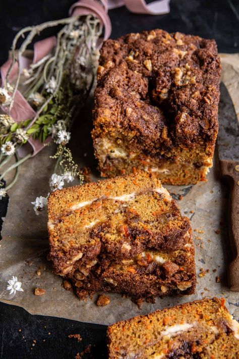 Swirled Ginger Crunch Carrot Cake Bread. Ginger Crunch, Carrot Cake Bread, Carrot Cake Loaf, Cinnamon Banana Bread, Half Baked Harvest Recipes, Carrot Bread, Peanut Butter Banana Muffins, Spiced Butter, Cinnamon Crunch