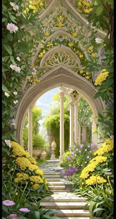 Heaven Garden Paradise, Fantasy Garden Art Magic, Magic Flower Fantasy Art, Fantasy Sanctuary, Paradise Background, Magic Places Fantasy Dreams, Paradise Aesthetic, Fairy Tale Garden, Fantasy Garden