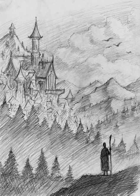 Gambar Lanskap, Landscape Pencil Drawings, Landscape Sketch, Fantasy Drawings, White Drawing, Architecture Drawing Art, Arte Sketchbook, Pencil Art Drawings, Landscape Drawings