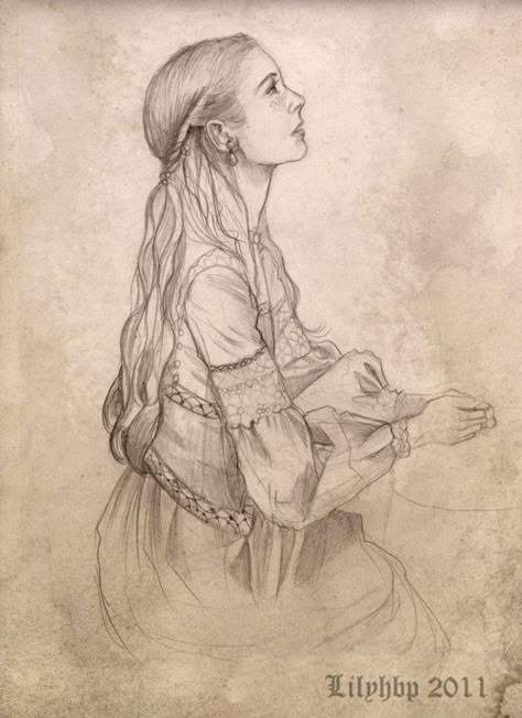 "Please," She pleaded to God above, "Please, let him return. Let him live." (Storm's plea for Ben.) Medieval Woman Drawing, Woman Praying Drawing, Lady Sketch, Princess Drawing, Mid Evil, Medieval Woman, Woman Sketch, White Artwork, Unique Drawings