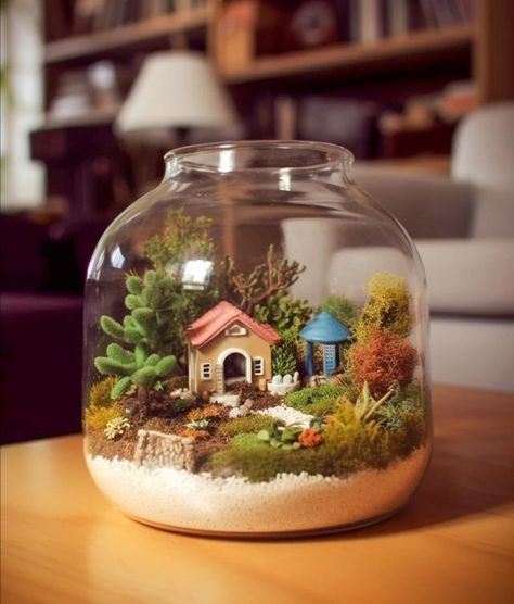 #ai-art Glass Jar Diorama, Big Glass Jar, Room Box Miniatures, Beautiful Terrariums, Fairy House Diy, Beautiful Wallpapers For Iphone, Mini Fairy Garden, Fairy Garden Supplies, Fairy Garden Houses