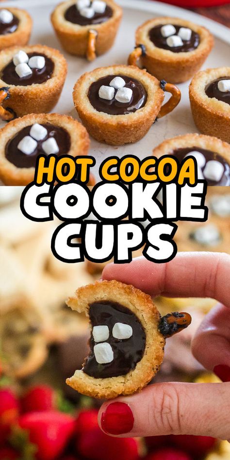 How to make cookie cup treats with hot cocoa Cocoa Cup Cookies, Hot Cocoa Cookie Cups, Winter Themed Desserts, Hot Chocolate Cookie Cups, Mug Cookie Recipes, Cute Hot Cocoa, Hot Chocolate Cookies Cups, Dairy Free Hot Chocolate, Sugar Cookie Cups