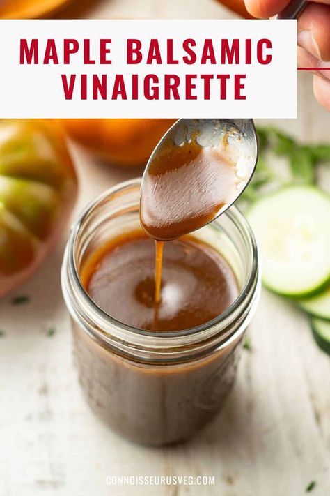 This maple balsamic vinaigrette whips up in minutes, using only seven ingredients. Subtly sweet, tangy and absolutely delicious, you'll want to drizzle this easy dressing over all of your salads. It's vegan and gluten-free, so everyone can enjoy it! Best Balsamic Dressing Recipe, Balsamic Vinaigrette Dressing Recipe, Maple Balsamic Vinaigrette, Balsamic Vinegarette, Homemade Balsamic Dressing, Balsamic Dressing Recipe, Balsamic Vinegar Dressing, Easy Salad Dressing Recipes, Vinaigrette Dressing Recipe