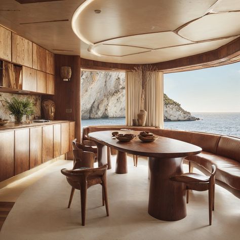 Set sail in style with this beautifully crafted yacht interior, where the elegance of curved wooden paneling meets the serenity of the sea. This space is a celebration of nautical sophistication, designed to provide an intimate connection with the ocean. Neverscene.ai draws inspiration from the fluidity of water and the warmth of wood to curate luxurious maritime interiors. Navigate through our AI design tools and anchor your unique vision of a lavish seafaring lifestyle. Yacht Interior Design Luxury, Yacht Decor, Nautical Office, Wooden Paneling, Luxury Yacht Interior, Yacht Interior Design, Charleston Homes, Yacht Interior, Interior Concept