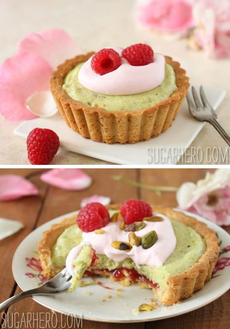 Pistachio Rose Tarts - with pistachio mousse, rose whipped cream, and fresh raspberries. | From SugarHero.com Pistachio Tartlet, Pistachio Raspberry Tart, Pistachio Tart Recipes, Mousse Tart Recipes, Raspberry Pistachio Tart, Rose Mousse, Pistachio Mousse, Pistachio Tart, Pistachio Recipes