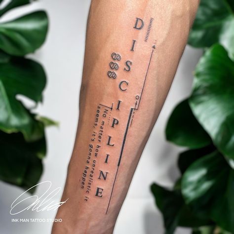 Discipline. #tattoo #minimaltattoo #minimal #fineline #linetattoo Self Discipline Tattoo, Discipline Tattoo Ideas, Discipline Tattoo, Inked Men, Symbolic Tattoos, Line Tattoos, Minimal Tattoo, Trail Running, Tattoo Studio