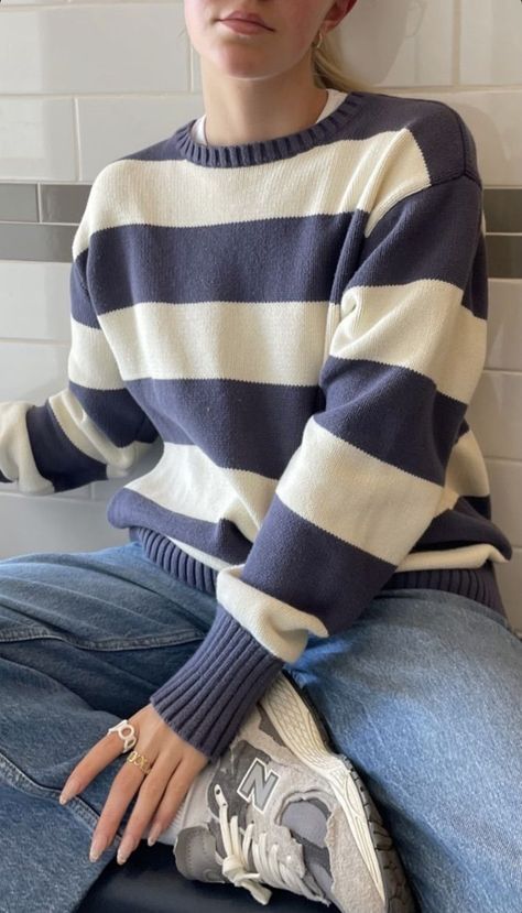 Thick Striped Sweater, Blue White Striped Sweater Outfit, Big Striped Sweater, Polo Sweater Outfit Aesthetic, Blue And Cream Striped Sweater Outfit, Blue And White Striped Jumper, Blue Stripped Sweater Outfits, Cream And Navy Striped Sweater Outfit, Stripped Knitted Sweaters