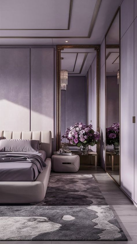 Upgrade your space with a lavender and gray bedroom—sophisticated, modern, and oh-so-stylish! Perfect for creating a calming yet elegant atmosphere. 💜🤍✨ #SophisticatedStyle #LavenderBedroom #GrayInteriors #ModernDecor #StylishLiving Purple Walled Bedroom, Lilac Grey Bedroom, Grey And Lavender Bedroom, Grey Velvet Bedroom, Lilac And Grey Bedroom, Grey And Purple Bedroom, Romantic Purple Bedroom, Bedroom Sophisticated, Purple Wall Bedroom