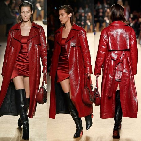 Red Leather Outfit Aesthetic, All Red Leather Outfit, Red Leather Long Coat, Red Leather Outfit, Leather Coat Outfit, Fashion Illustration Portfolio, Red Leather Coat, Long Leather Coat, Fashion Design Collection