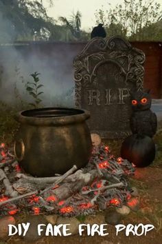 Create a realistic fake fire prop this Halloween with just a few simple supplies! This cool DIY looks just like a real fake fire pit and makes the perfect Halloween decoration or haunted house prop when you add a witches cauldron to it. Spray foam, paint, and orange lights are transformed in this fun DIY Halloween project. Patio Halloween Decorations, Witches Halloween Party Decorations, Witch Cauldron Fire Pit, Haunted House Outside Decor, Diy Halloween Shadow Caster, Dracula Halloween Decorations, Halloween Witches Decorations Outdoor Diy, Diy Witch Cauldron Fire, Halloween Theme House Decorations