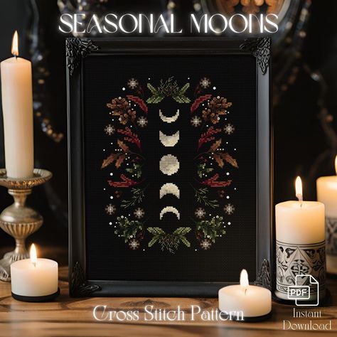 ♰ Mystic Cross Stitch Pattern - Seasonal Moons| Digital PDF Pattern ♰ 🖤 What's Included: A PDF file containing: 。The detailed cross-stitch pattern in both color and black and white, full-page and enlarged 。Information on recommended DMC colors 。Final dimensions 。Clear and easy-to-follow instructions 🖤 Instructions for Ordering and Downloading: 。Add to Cart: Select the desired pattern(s) and add them to your cart. 。Proceed to Payment: Complete your purchase by following the payment steps. 。Inst Gothic Christmas Cross Stitch, Dark Academia Cross Stitch, Gothic Cross Stitch Patterns Free, Witchy Pixel Art, Witchy Cross Stitch Patterns, Dark Cross Stitch, Folk Cross Stitch, Home Decor Easy Diy, Pagan Cross Stitch