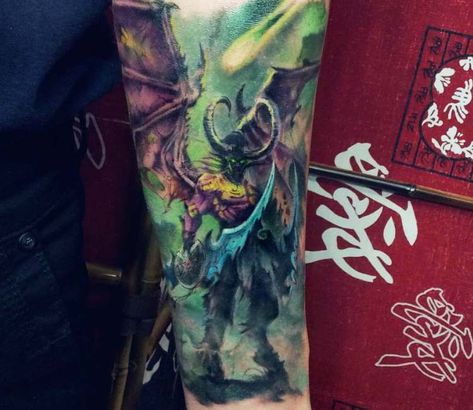 Illidan Stormrage tattoo by Roman Kor Illidan Stormrage Tattoo, Illidan Tattoo, Movie Character Tattoos, Illidan Stormrage, Game World, Realistic Tattoo, World Tattoo, Large Tattoos, Tattoos Gallery