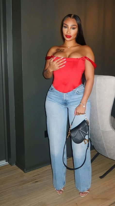 Royal Blue Classy Outfit, Red Top And Jeans Outfit Classy, Mexico Game Outfit Women, Date Night Outfit Inspiration, Red Corset Outfit Black Women, Navy Blue Top Outfit Ideas, Paint And Sip Outfit Ideas, All Red Outfit Baddie, Red Bottom Outfits