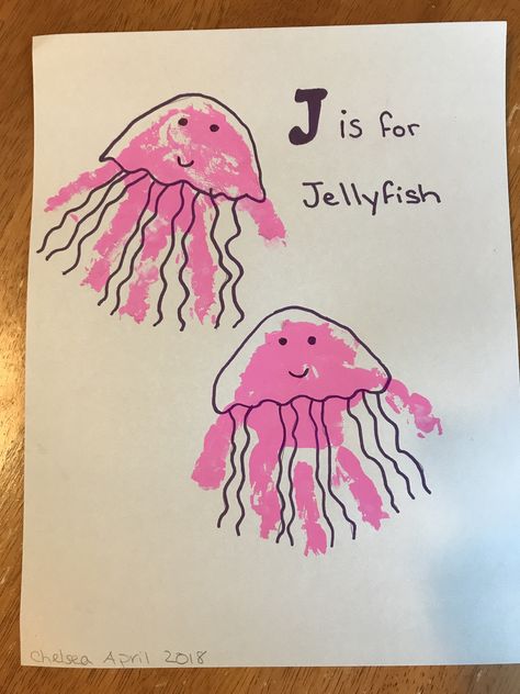 J is for Jellyfish Handprint art Hand Jellyfish Craft, J Is For Jellyfish Handprint, Jellyfish Footprint Art, J Is For Handprint Craft, Letter J Footprint Craft, Hand Print Sea Animals, I Is For Handprint Craft, J Is For Jellyfish Craft, Ocean Animal Handprint Art