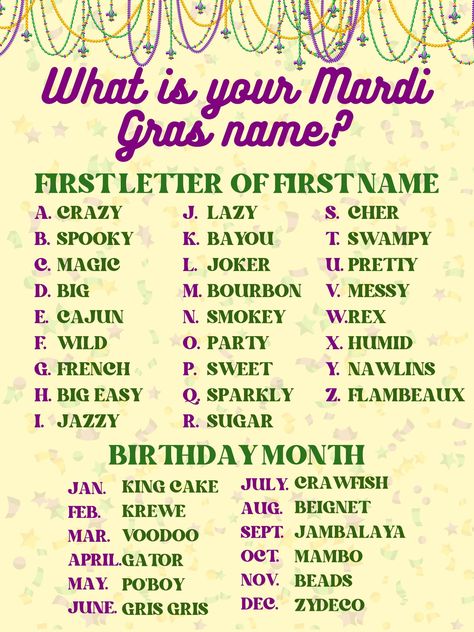 Fun game for all Mardi Gras parties! Family friendly! Plus name tags to show everyone what your name is :) Just download and print! ⚜️🎶 Mardi Gras Krewe Names, Mardi Gras Party Activities, Mardi Gras Games For Adults, Mardi Gras Party Games, Mardi Gras Games, Mardi Gras Tablescape, Mardi Gras Party Ideas, Mardi Gras Facts, Mardi Gras Party Food