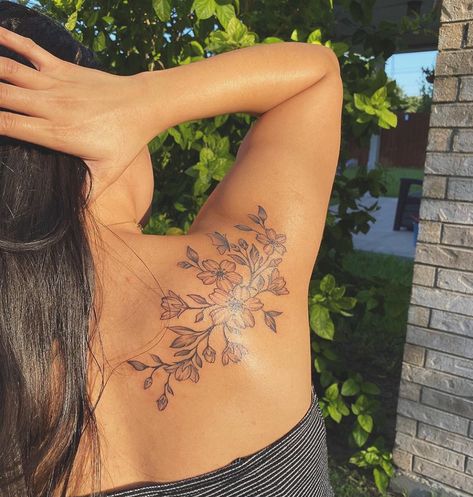 Flower Tattoo Sketch Ideas, Women Arm Wrap Tattoo, Butterfly And Flower Tattoo Shoulder, Around The Shoulder Tattoo, Little Leg Tattoos, Small Tattoo Placement Ideas Arm, Mom And Daughter Flower Tattoos, Flower Tattoo Shoulder Blade, Cherry Blossom Wrap Around Tattoo