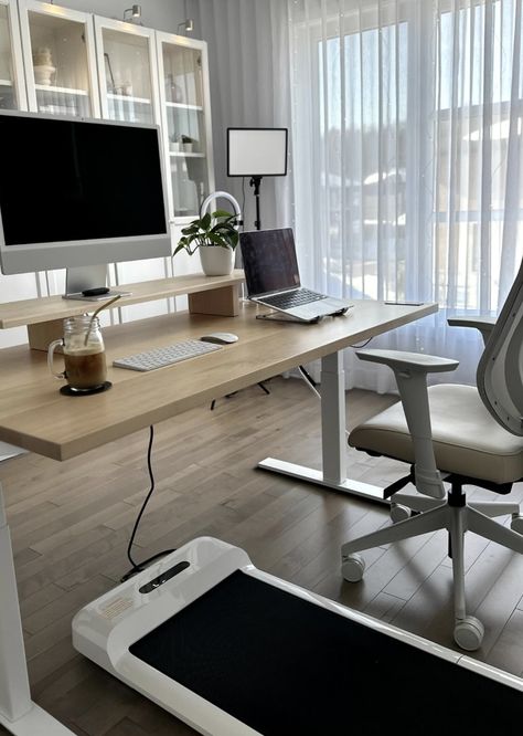 under-desk treadmill, self-care, lifestyle, work from home, career, productivity, exercise. Technology Organization Home, Treadmill Desk Home Office, Desk With Treadmill, Work Office Decor Professional, Wfh Aesthetic, Standing Desk Treadmill, Walking Desk, Dr Office, Treadmill Desk