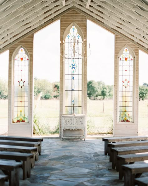 19 Unique Ways to Incorporate Stained Glass Into Your Wedding Design Outdoor Church Wedding, Pretty Chapel, Small Wedding Chapel, Small Chapel Wedding, Gruene Estate Wedding, Gruene Estate, Gatlinburg Wedding, Open Air Chapel, San Antonio Weddings