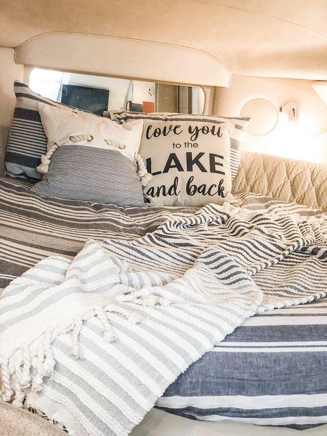 Pillows For Boat, House Boat Renovation, V Berth Bedding Boats, Boat Cuddy Cabin Ideas, Boat Slip Decorating Ideas, Boat Cabin Decor, House Boat Decor, Cuddy Cabin Boat Interior Ideas, Boat Cabin Interior Ideas