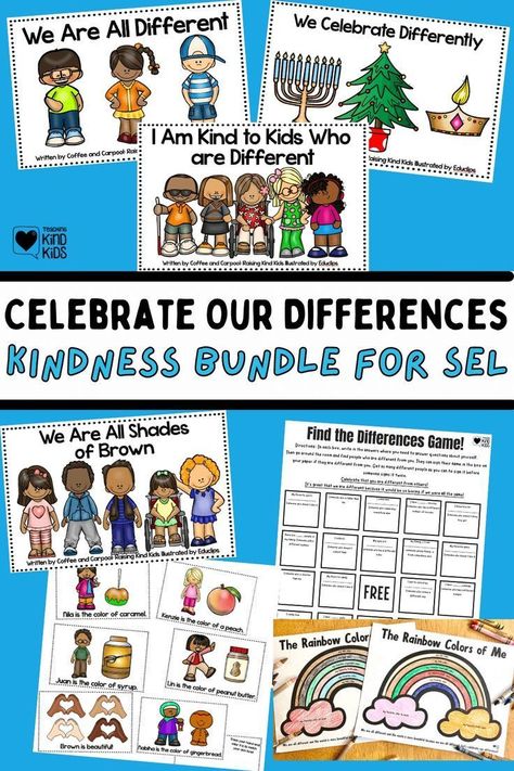 Teach your children differences and diversity with this kindness bundle. You can use this for your classroom or your home for important lessons! It is necessary for our kids to celebrate diversity among the people around us. Try out this bundle right now! Expository Writing Prompts, School Readiness Activities, Celebrate Differences, Celebrate Our Differences, Social Emotional Curriculum, Diversity Activities, Find The Differences Games, Kindness Lessons, Boredom Busters For Kids