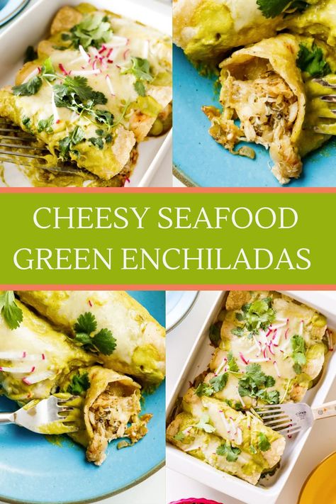 Cheesy Seafood Green Enchiladas are a creamy green sauce recipe full of shrimp and crab and cheese. A seriously good enchilada recipe! Shrimp And Spinach Enchiladas, Shrimp And Crab Enchiladas Recipe, Salmon Enchiladas Recipe, Crab Enchiladas Green Sauce, Green Shrimp Enchiladas, Halibut Enchiladas Recipe, Shrimp Enchiladas Recipes Easy, Shrimp Enchiladas With Green Sauce, Seafood Enchiladas With White Sauce