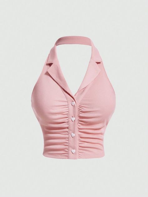 Top Con Cuello Halter Plisado De Punto Vintage Para Mujer De Talla Grande En Rosa Rosa Casual,Sexy Tela tejida Liso Halter Estiramiento medio Women Plus Clothing, size features are:Bust: ,Length: ,Sleeve Length: