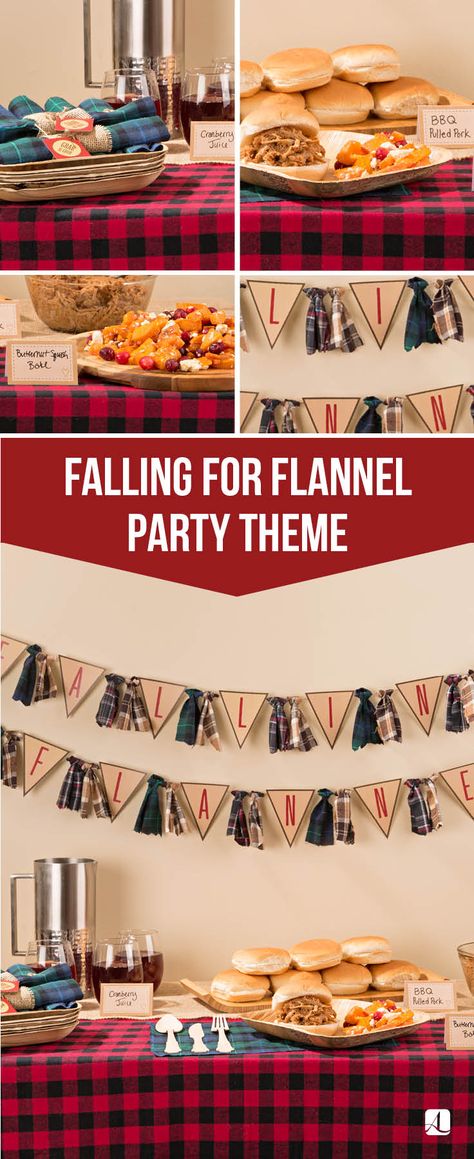 Get Fall Festive with a Flannel Party! | Comfort Food and Comfortable Clothes  #bbq #sliders #flannel Christmas Party Breakfast, Flannel And Fizz, Bbq Theme Party, Flannel Party, Camping Party Favors, Party Breakfast, Holiday Party Drinks, Breakfast With Santa, Bbq Theme