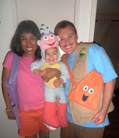 Dora Diego and Boots Dora Family Costume, Family Trio Costumes, Dora The Explorer Family Costume, Dora Couple Costume, Dora And Diego Costume, Dora And Boots Costume, Dora Cosplay, Dora Halloween Costume, Diego Costume