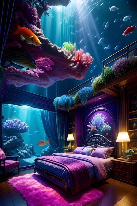 A colorful fantasy bedroom under the sea with fish and coral Underwater Room Fantasy Art, Amazing Rooms Dream Bedrooms, Bedroom Fantasy Decor, Under The Sea Themed Bedroom, Bedroom Aquarium Ideas, Under The Sea Theme Bedroom, Fantasy Underwater Art, Underwater Bedroom Theme, Bedroom Fantasy Art